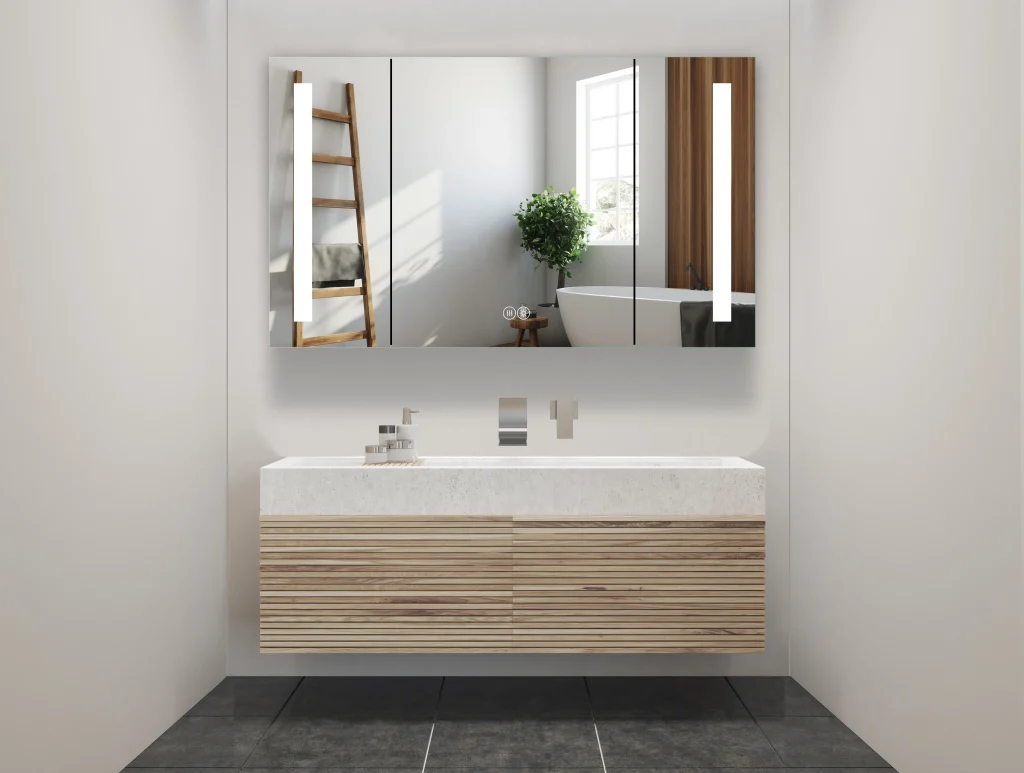 Bathroom LED mirror cabinet with sandblasted surface for enhanced tactile and visual effects.