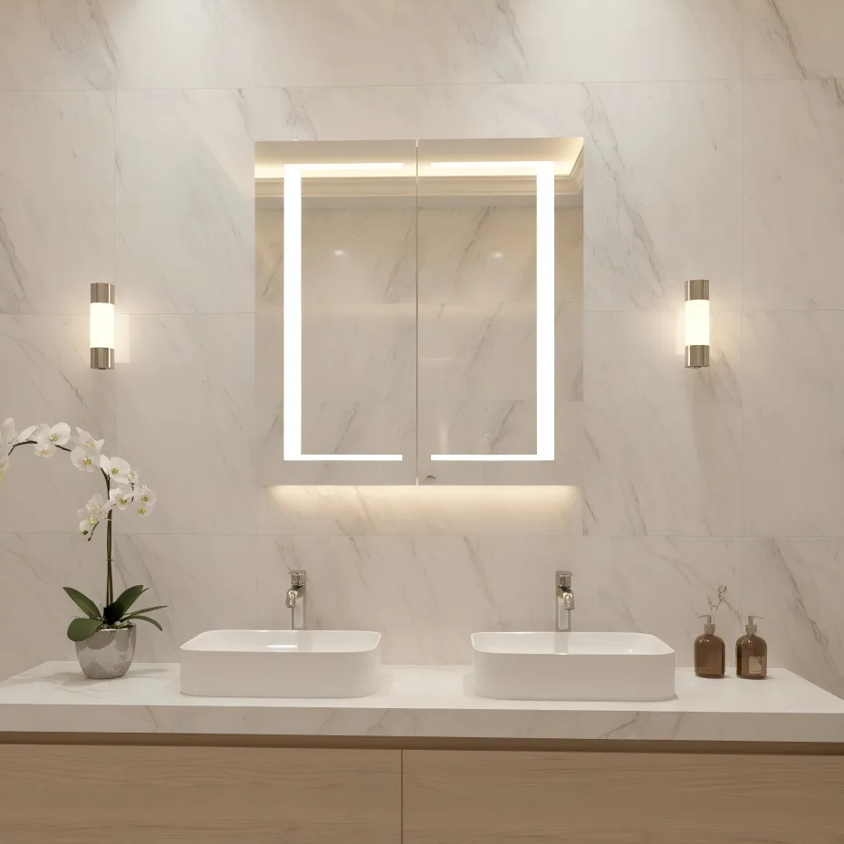 Aluminum Bathroom LED Mirror Cabinet Double Door Anti-fog Medicine Cabinet