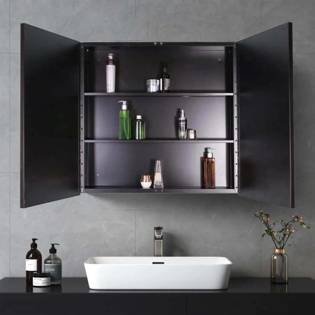 Bathroom mirror cabinets have flush doors designed for ease of use; suitable for larger bathroom spaces that can accommodate cabinet door swings.