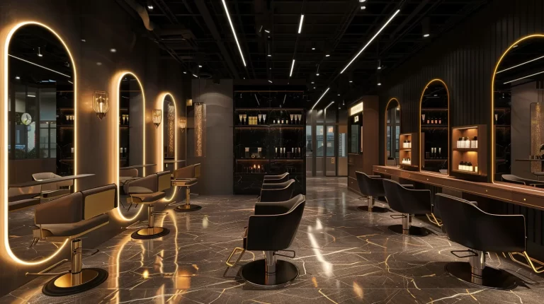 Custom LED mirror enhancing luxury hair salon interiors