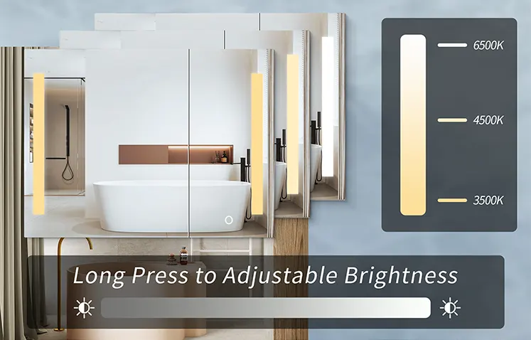 The brightness adjustment and color temperature adjustment of the LED mirror and mirror cabinet mean that the user can change the brightness and color temperature of the LED light on the mirror to adapt to different usage scenarios and needs.