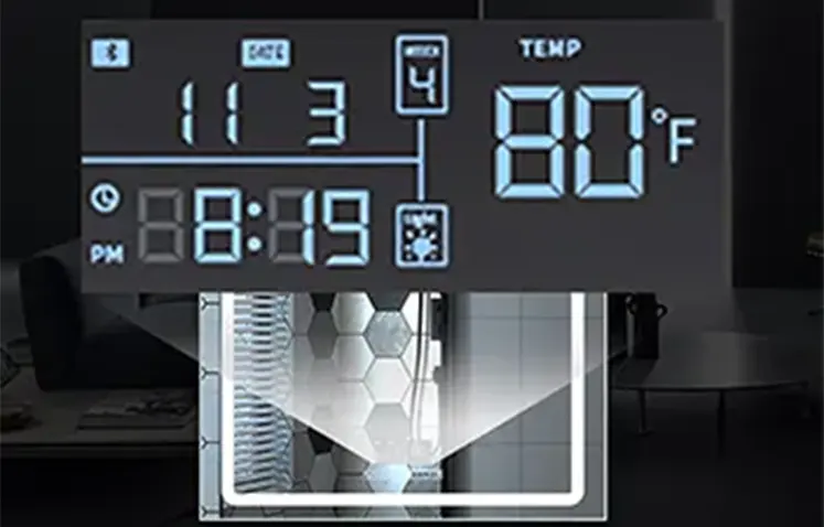 The LED mirror's and mirror cabinet's Time and Alarm Clock Display provides users with the current time, date and alarm functions by integrating a digital display on the mirror surface.