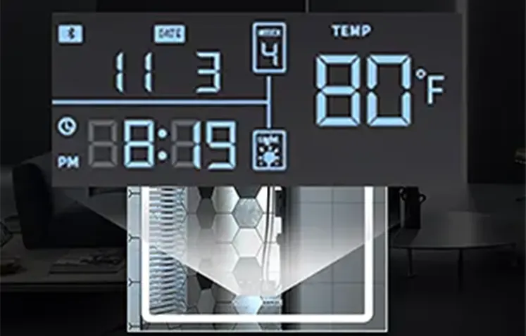 The LED mirror's Time and Alarm Clock Display provides users with the current time, date and alarm functions by integrating a digital display on the mirror surface.