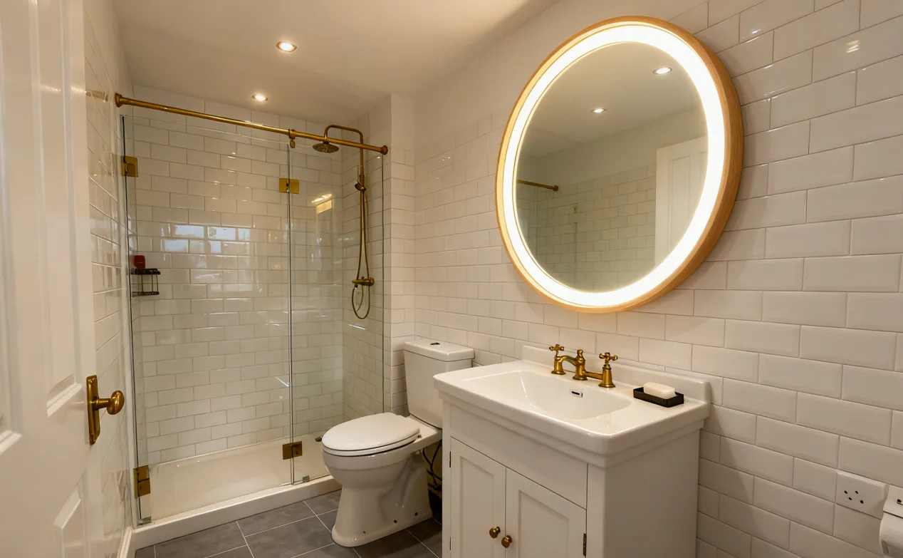 Custom LED bathroom mirror installed in a United Kingdom apartment bathroom, space-saving design