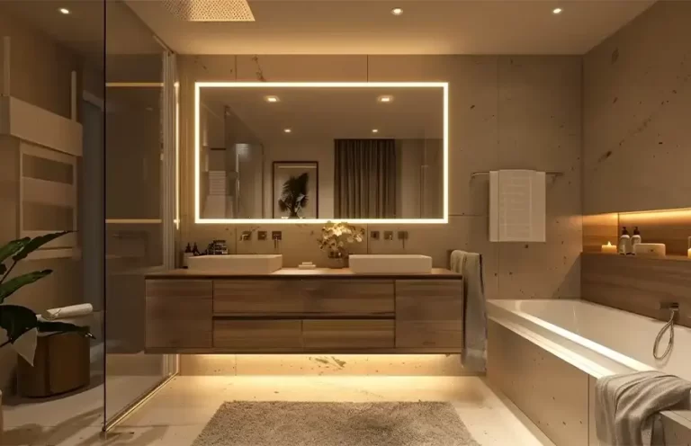Wall-mounted LED mirror designed for modern hotel bathrooms