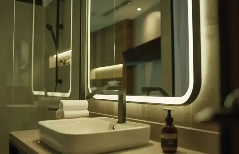 Modern LED bathroom mirror in a minimalist bathroom interior