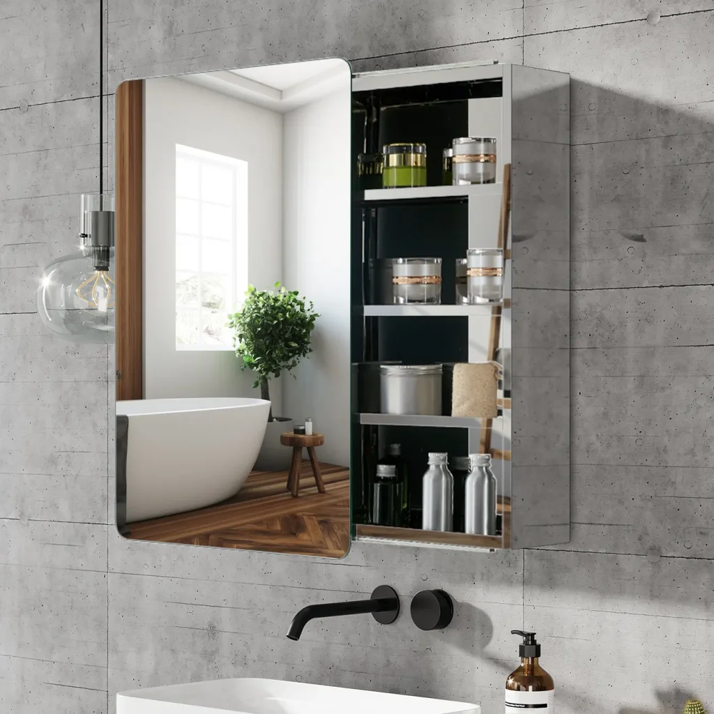 Bathroom mirror cabinet sliding door design, space-saving, suitable for narrow space.