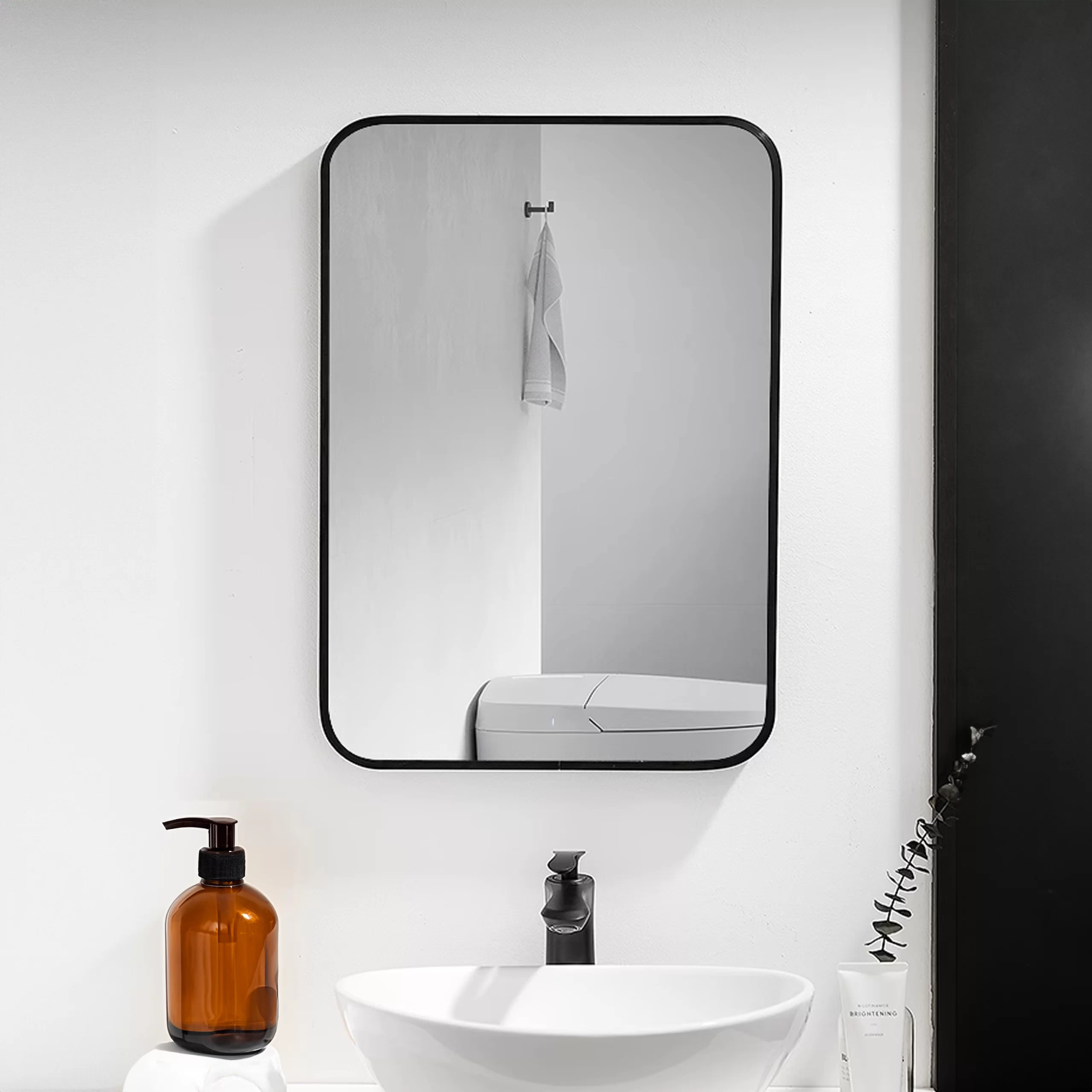 24*30 Inch Mirror Hangs Horizontally or Vertically Black Metal Framed Bathroom Mirror