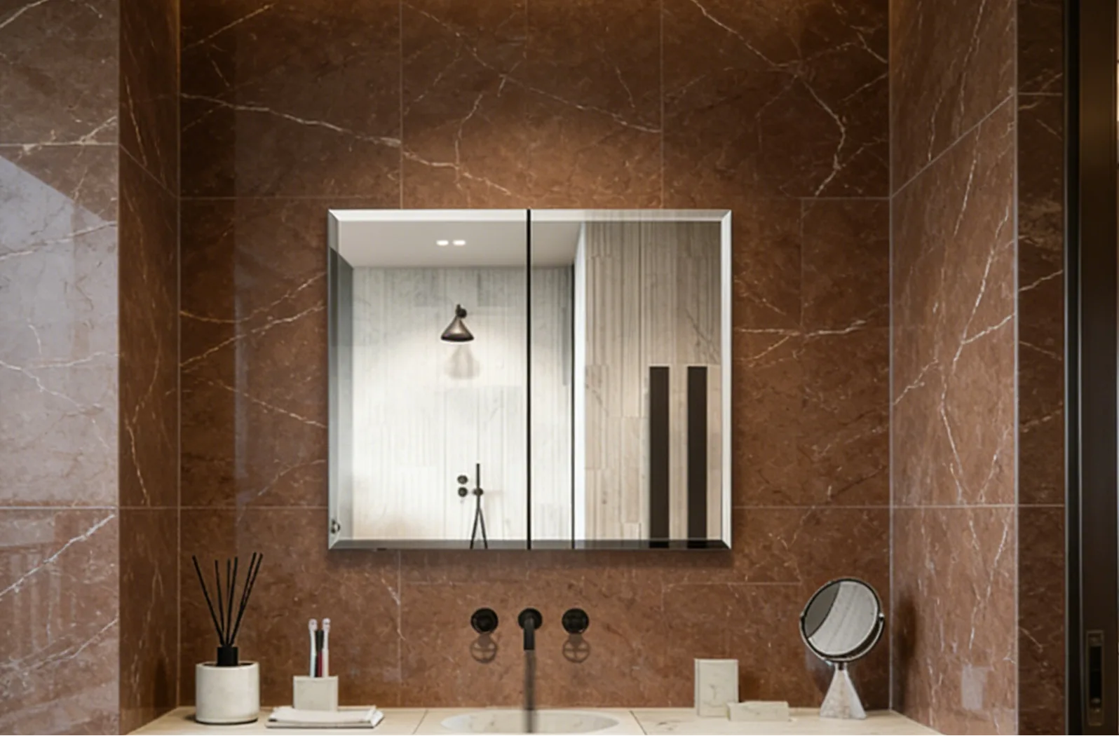 double door aluminum mirror cabinet installed in hotel bathroom