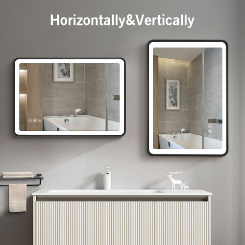24×32 Black Metal Framed Bathroom Mirror for Wall Rounded Rectangle Mirror, Bathroom Vanity Mirror, Hotel, Anti-Rust Hangs Horizontally or Vertically