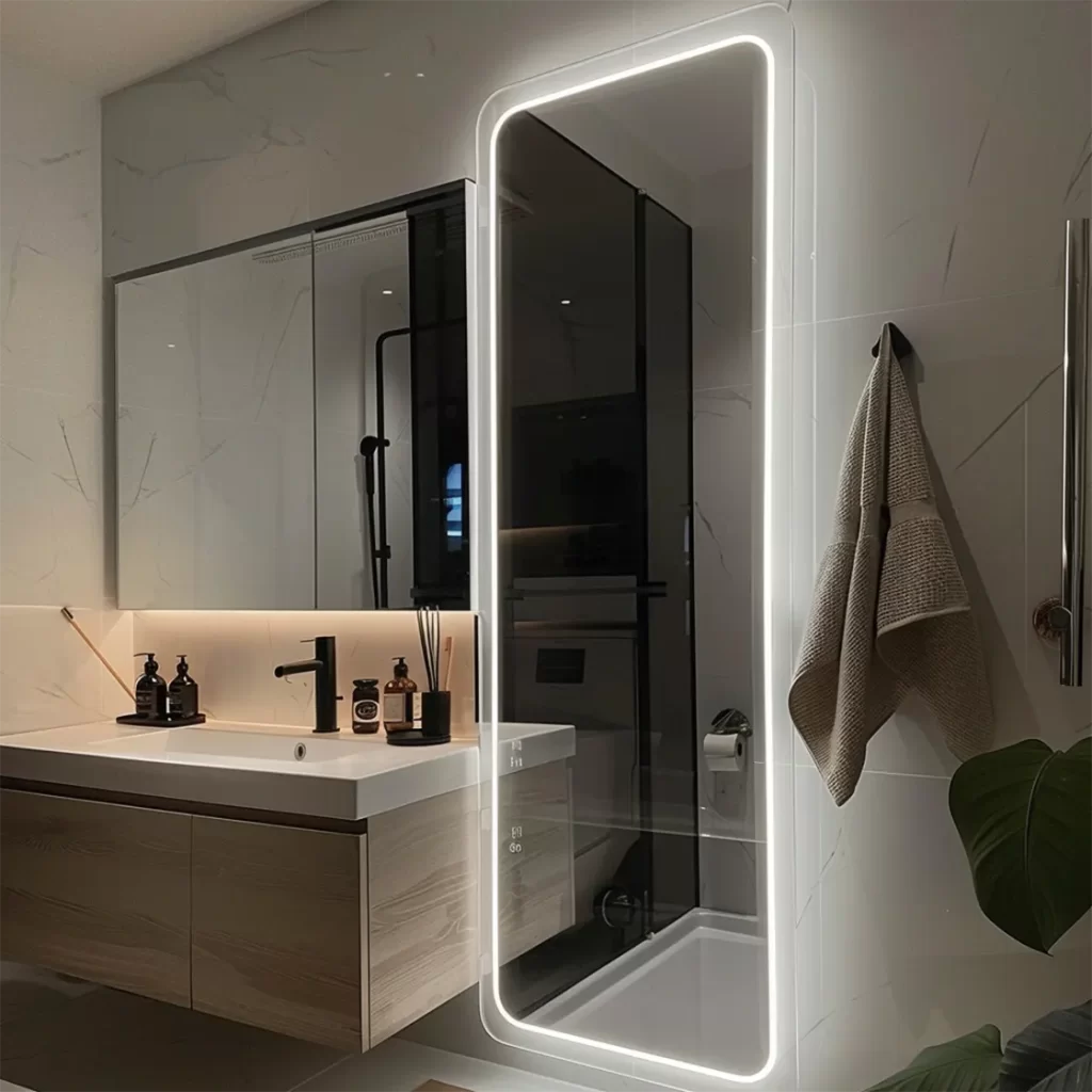 A rendering of an LED bathroom mirror in action in a bathroom and commercial powder room.