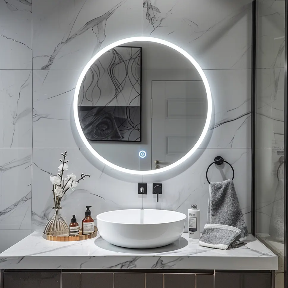 Modern designed LED mirrors add a stylish touch to the bathroom.