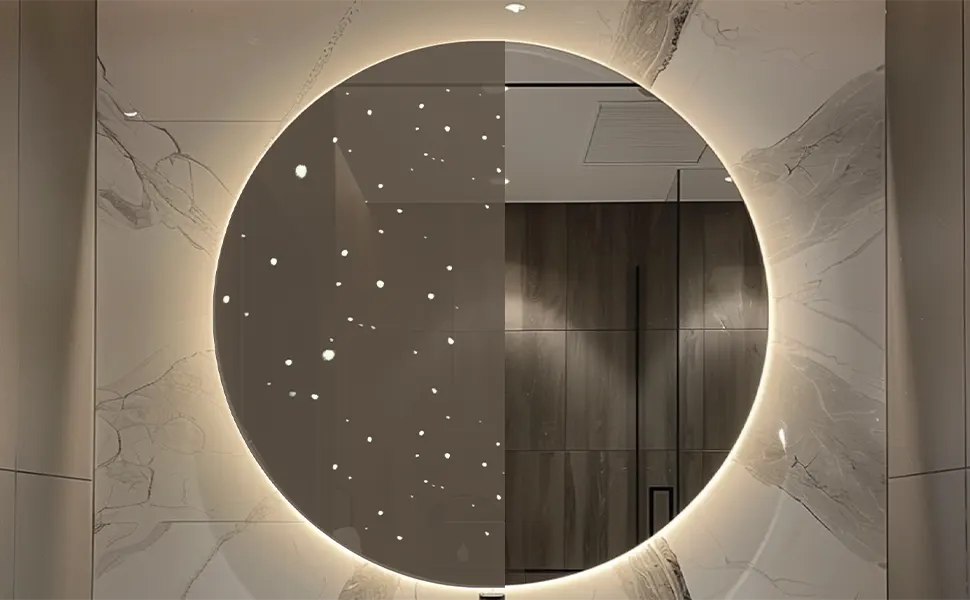 LED mirror lights are compared before and after cleaning to show the difference in light brightness.