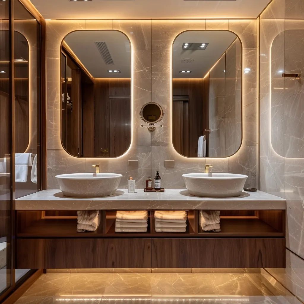 Mirror with led lights in modern bathrooms enhance beauty and functionality.