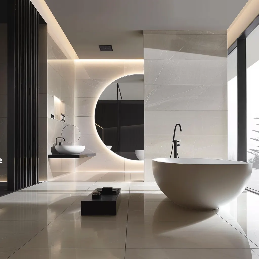 Modern bathroom with LED backlit mirror providing soft ambient lighting.