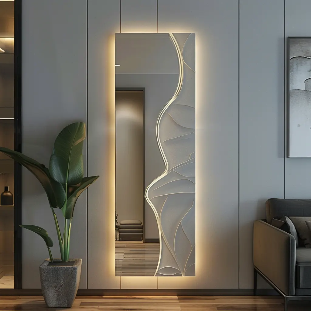 Backlit LED mirror in a minimalist bathroom design, emitting soft diffuse light.