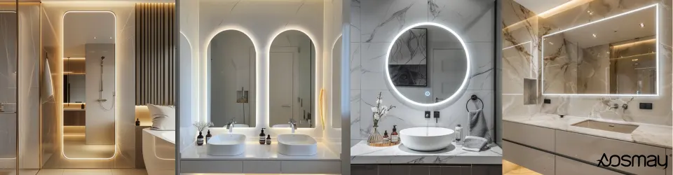 LED bathroom mirrors installed in modern bathrooms provide energy efficient lighting and stylish design.