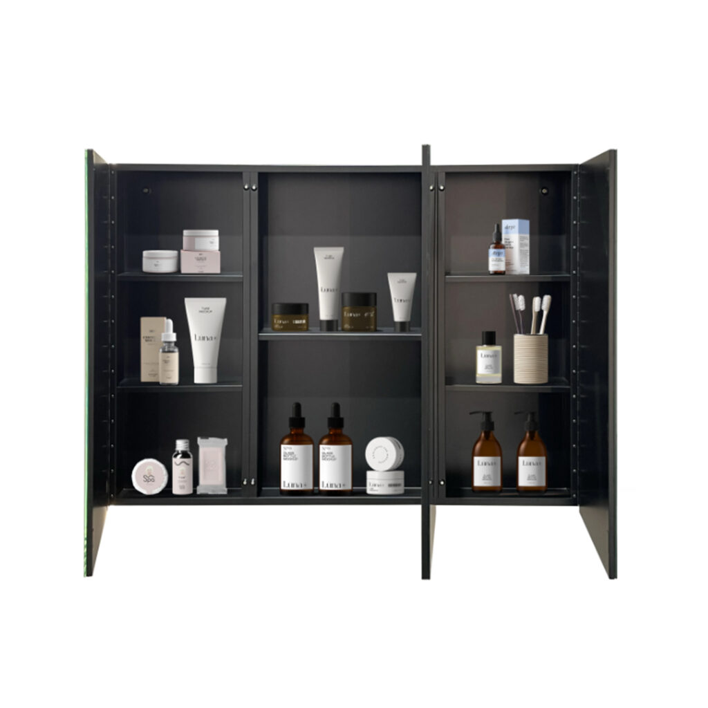 Bathroom medicine cabinet with mirror has large storage capacity.