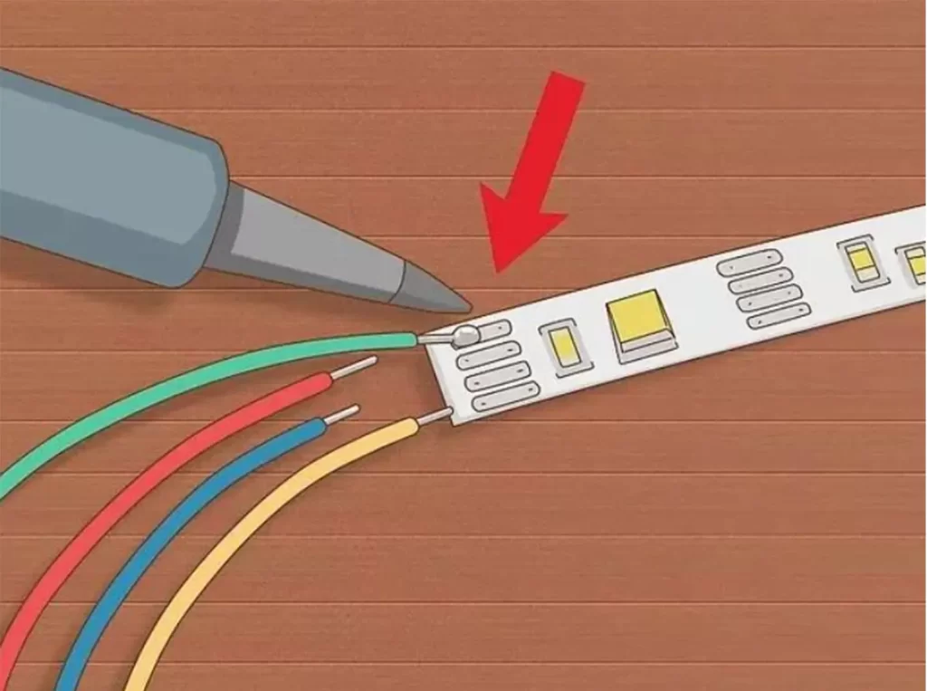 Using a crimp connector or soldering tool, connect the LED strip to the power cord.