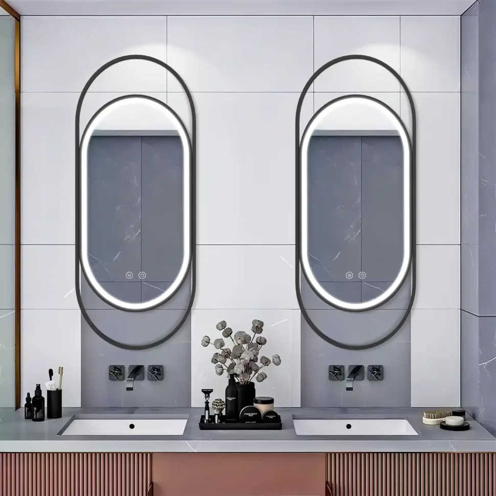 22×50 Inches Black Steel Powder-coated Track-shaped Frame LED Mirror Oval LED Mirror