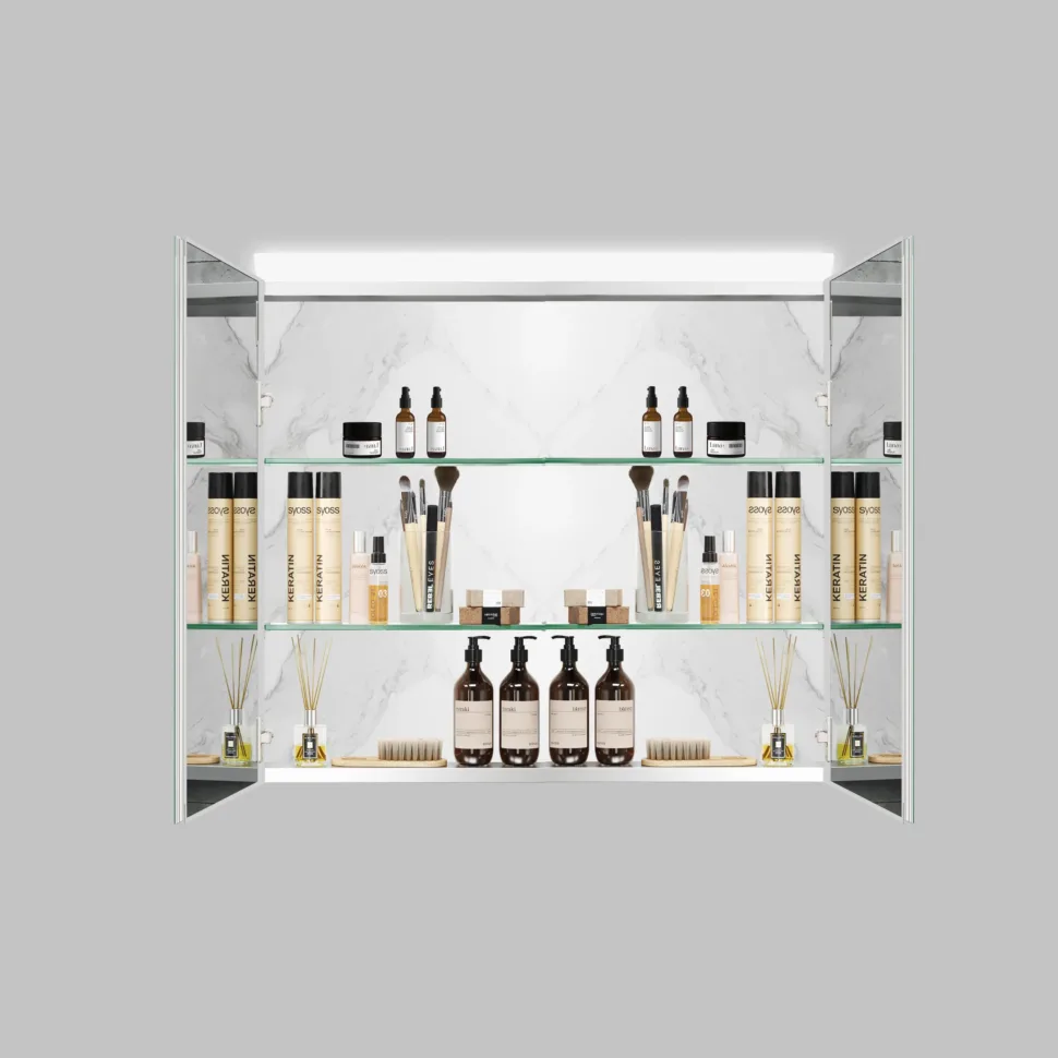 Motion sensor LED bathroom mirror cabinet with two doors and top illumination