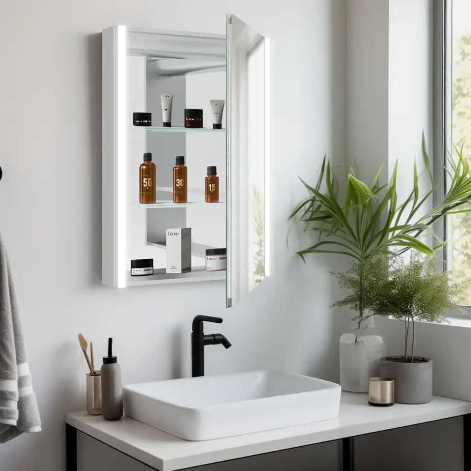 Elegant medicine cabinet with LED lights, seamless dimming, and built-in defogger for clarity.
