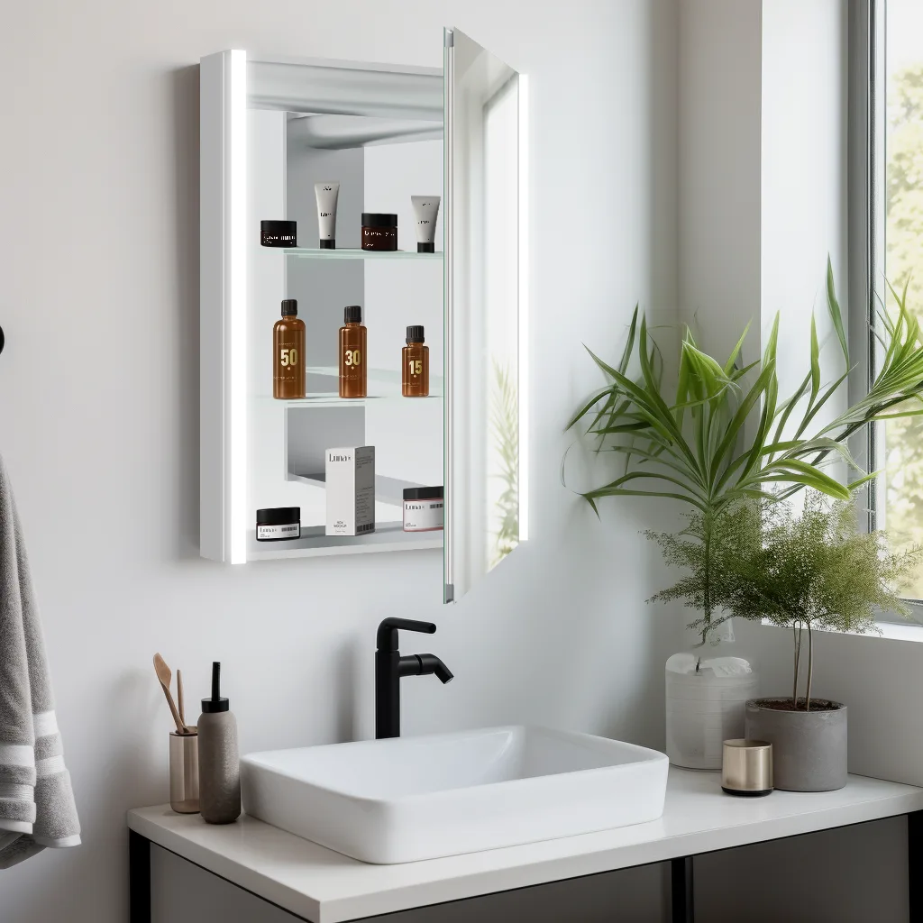 Elegant medicine cabinet with LED lights, seamless dimming, and built-in defogger for clarity.