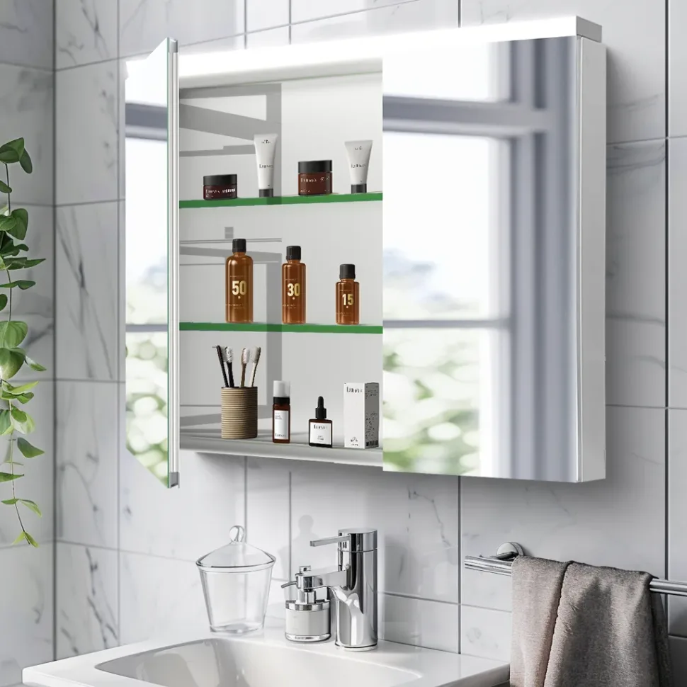 Modern bathroom mirror cabinet with dual-sided aluminum finish and automatic sensor control