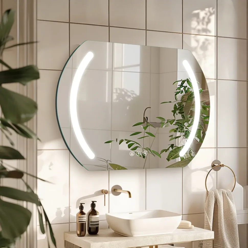 Thin SOB Bluetooth LED bathroom mirror with clear light, model GC-YB-25-014, ideal as a bluetooth LED vanity mirror.