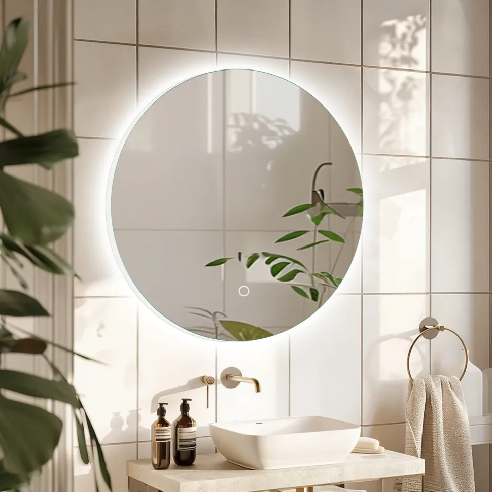 Black frame LED mirror GC-YB-25-017, side-lit bath mirror.