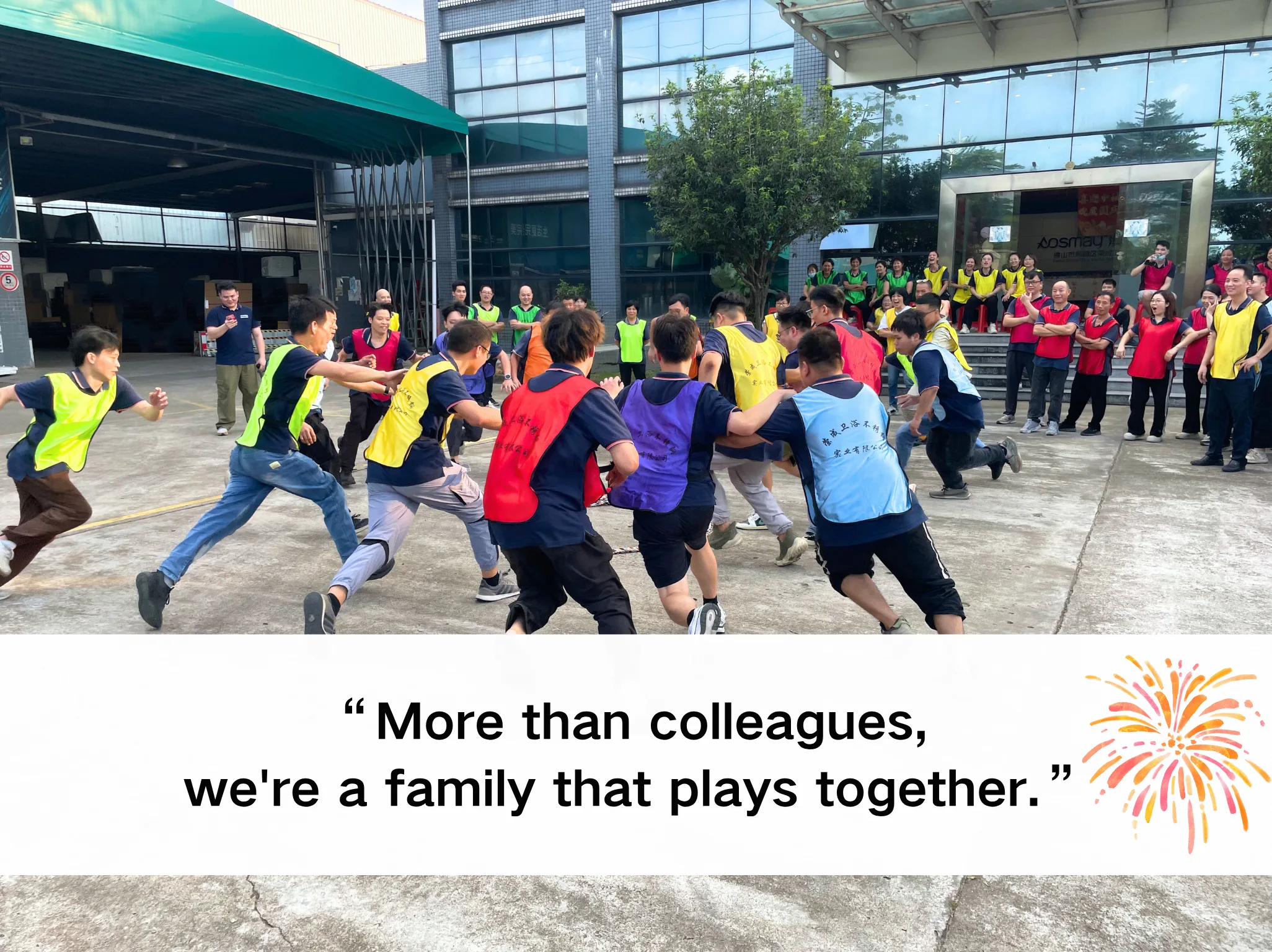 Aosmay employees laughing and working together on a challenge.