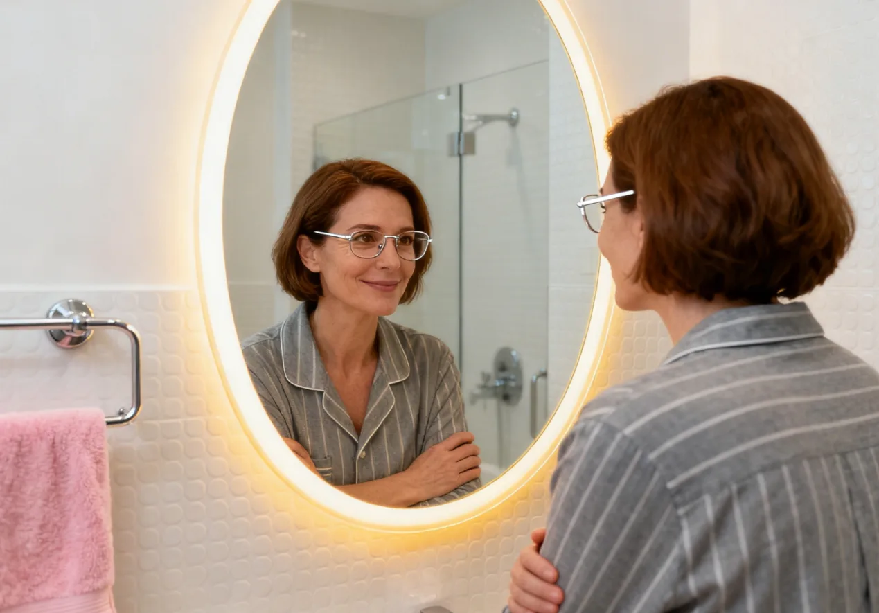 LED vanity mirror providing even illumination for makeup application in modern bathroom
