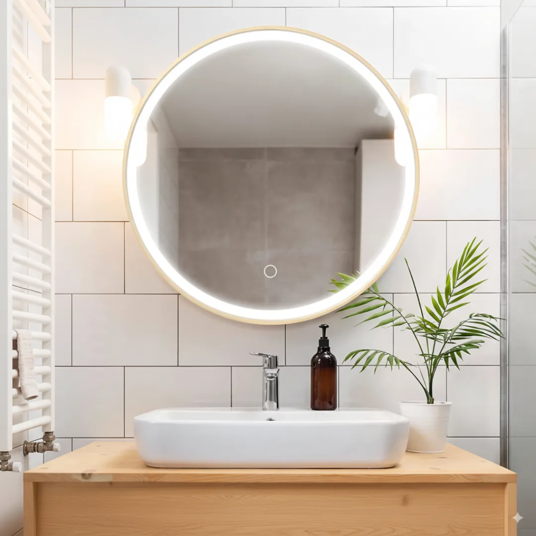 Modern bathroom with copper-free silver LED mirror cabinet, bright and sleek design