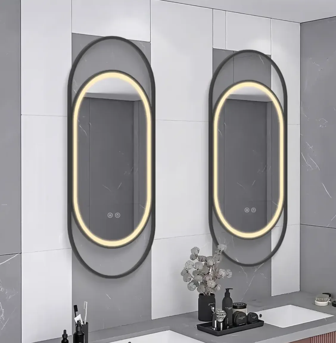 Powder-coated iron and acrylic frame options for custom LED mirrors