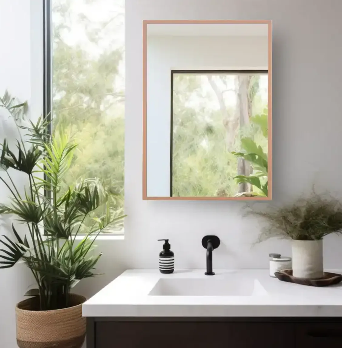 Stainless steel framed mirror with brushed and matte finishes