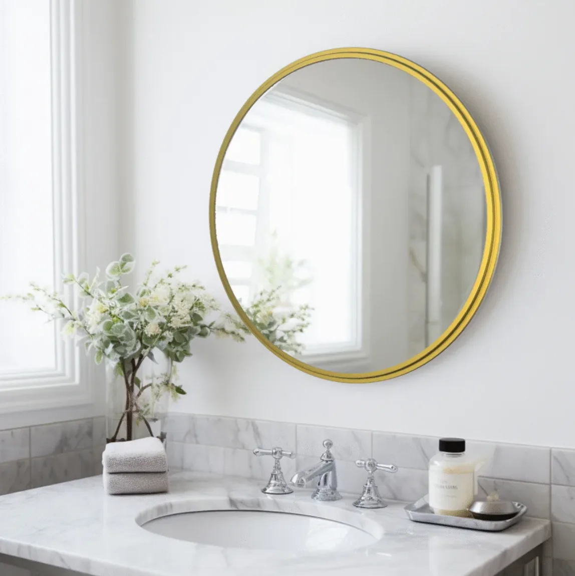 Close-up of anodized aluminum bathroom mirror frame showing brushed finish and corner design