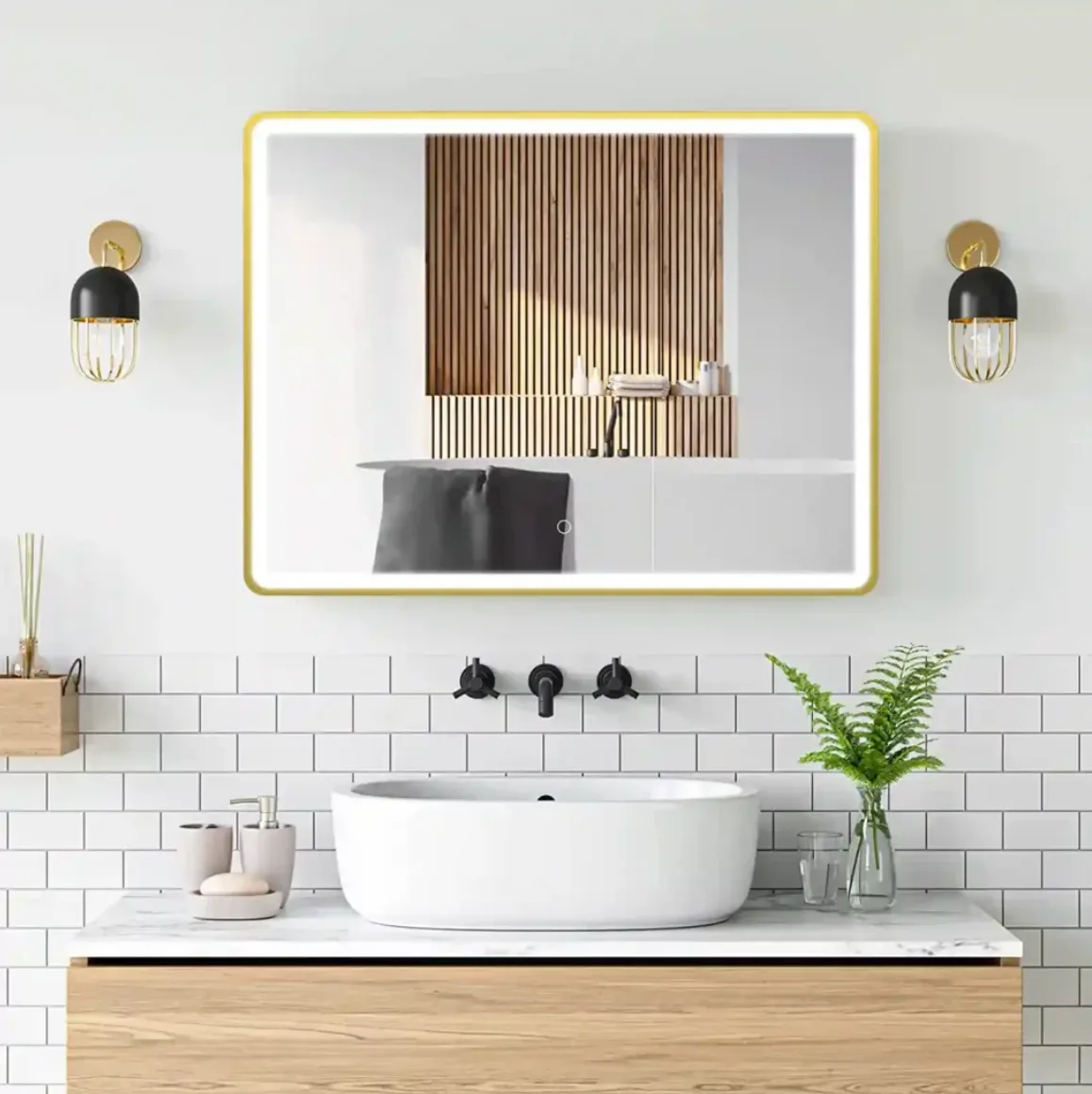 Stainless steel framed LED bathroom mirror for hotel and commercial bathrooms