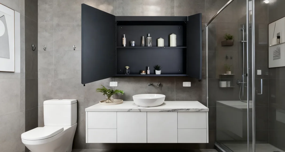 black mirror cabinet with aluminum frame and minimalist design