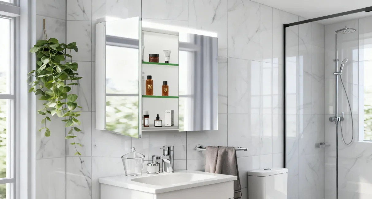 Aosmay LED bathroom mirror cabinet with anti-fog and touch dimmer