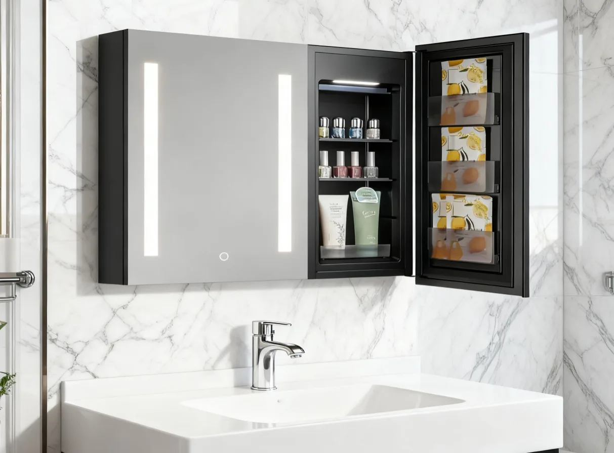Aosmay bathroom mirrored cabinet with LED lighting and black frame design for modern hotel bathrooms.