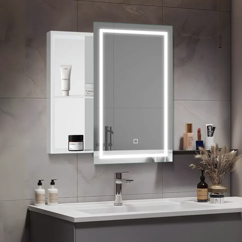 Modern sliding bathroom mirror cabinet with LED light, durable sliding doors and concealed storage for toiletries