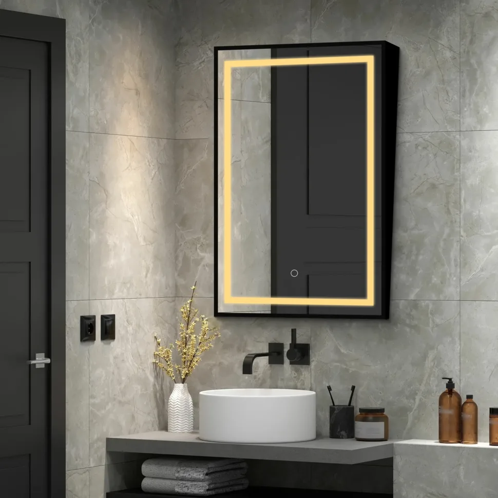 Aosmay anti fog bathroom mirror, rectangle LED mirror with sleek black frame