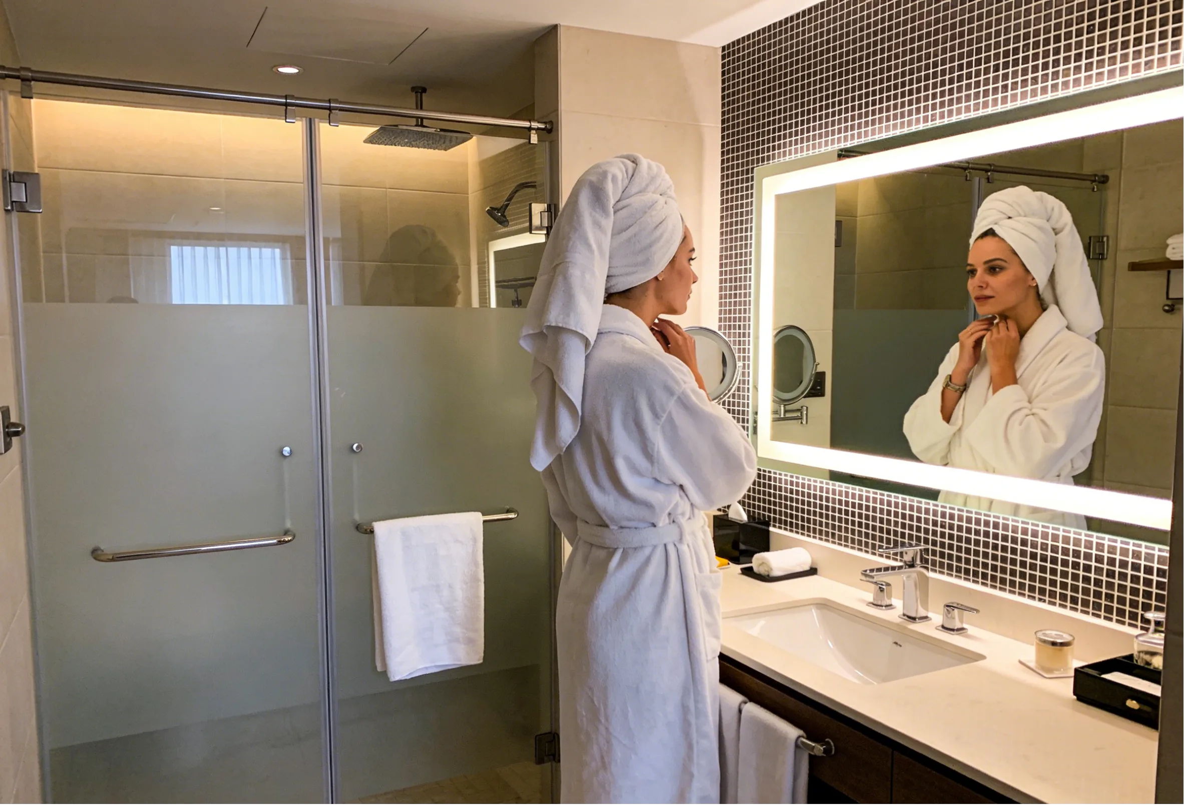 Bathroom mirrors with lights installed in a modern hotel bathroom, designed for commercial use