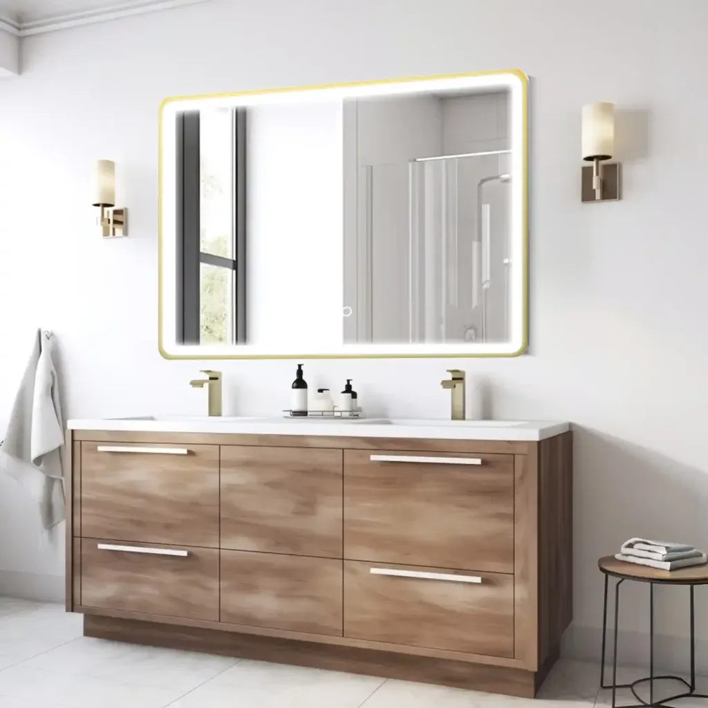 LED mirrors for bathroom installed in hotel suite with neutral lighting