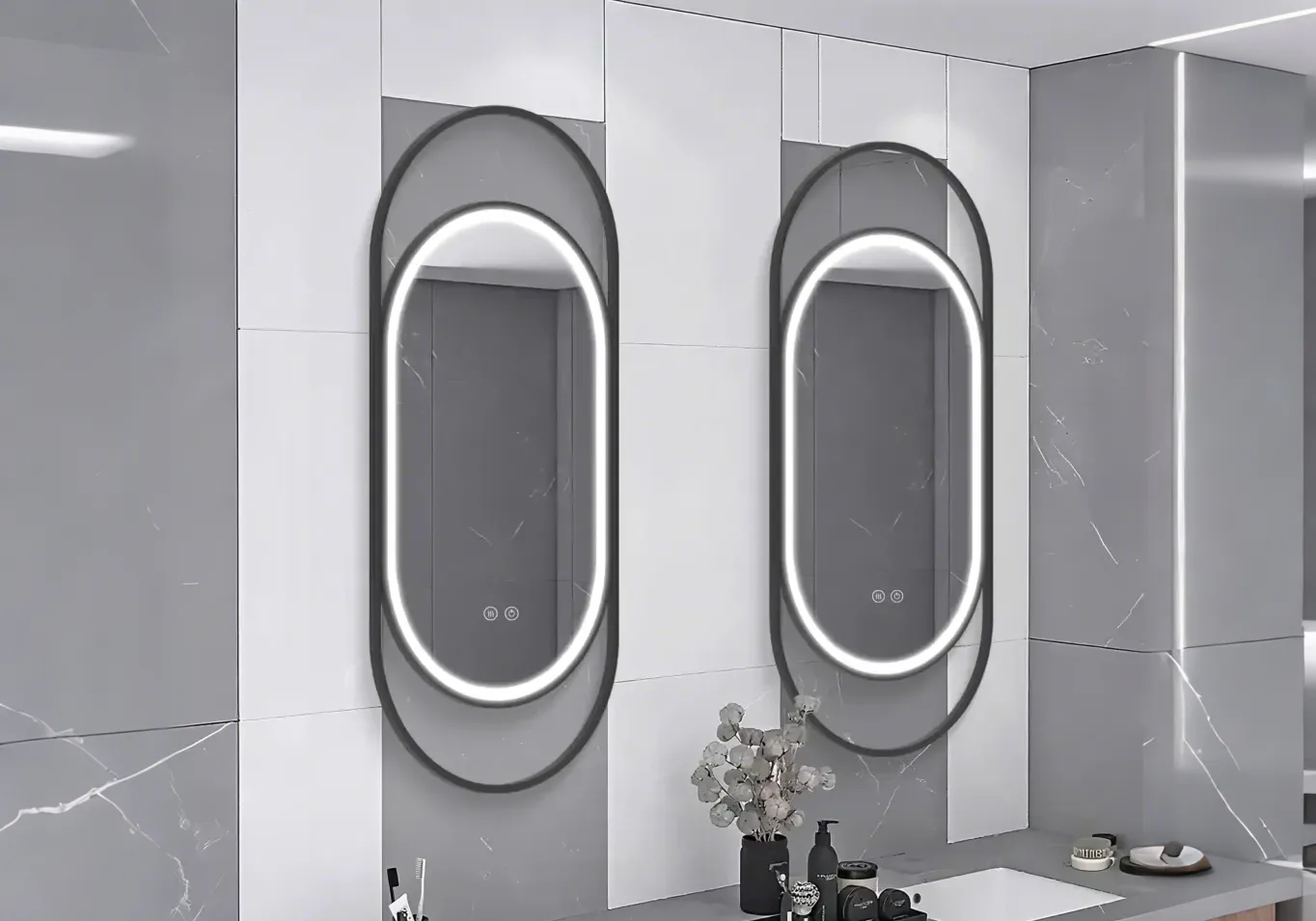 22×50 Inches Black Steel Powder-coated Track-shaped Frame LED Mirror