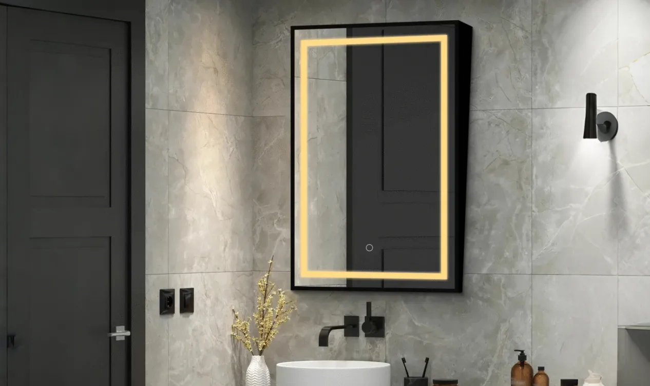 LED illuminated bathroom mirror used in hotel and commercial bathroom projects