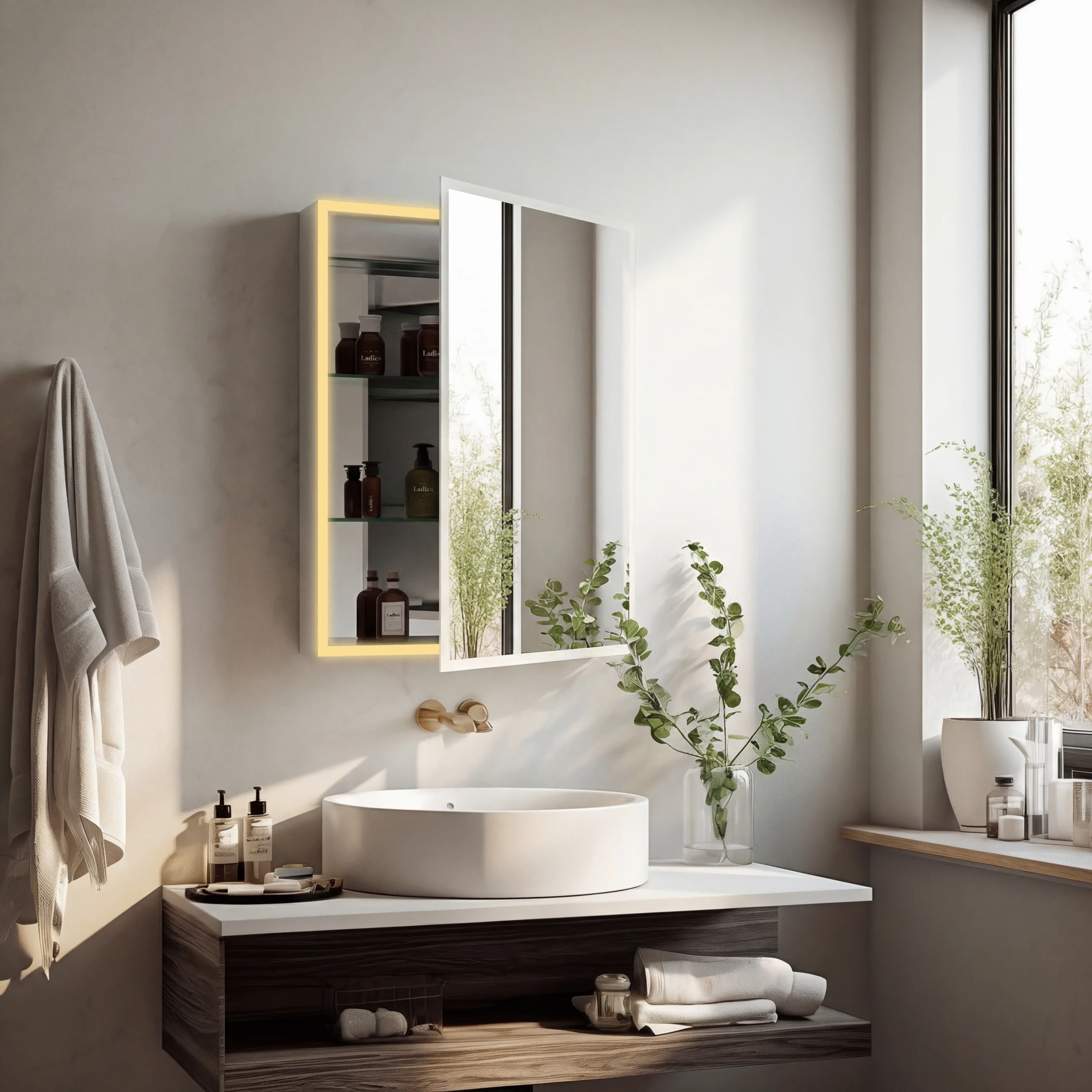 18×24 Inches Aluminum LED Lighted Mirror Cabinet with Frosted Glass Edge Lighting