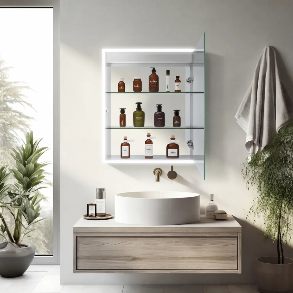 18×24 Inches Recessed Mirror Medicine Cabinet with LED Light Channel Push-to-Open Aluminum Mirror Cabinet