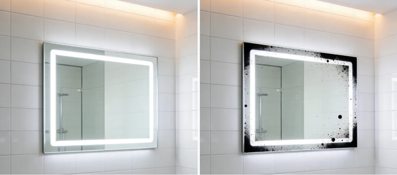 A lighted bathroom mirror showing edge desilvering (black spots) in a commercial bathroom setting.