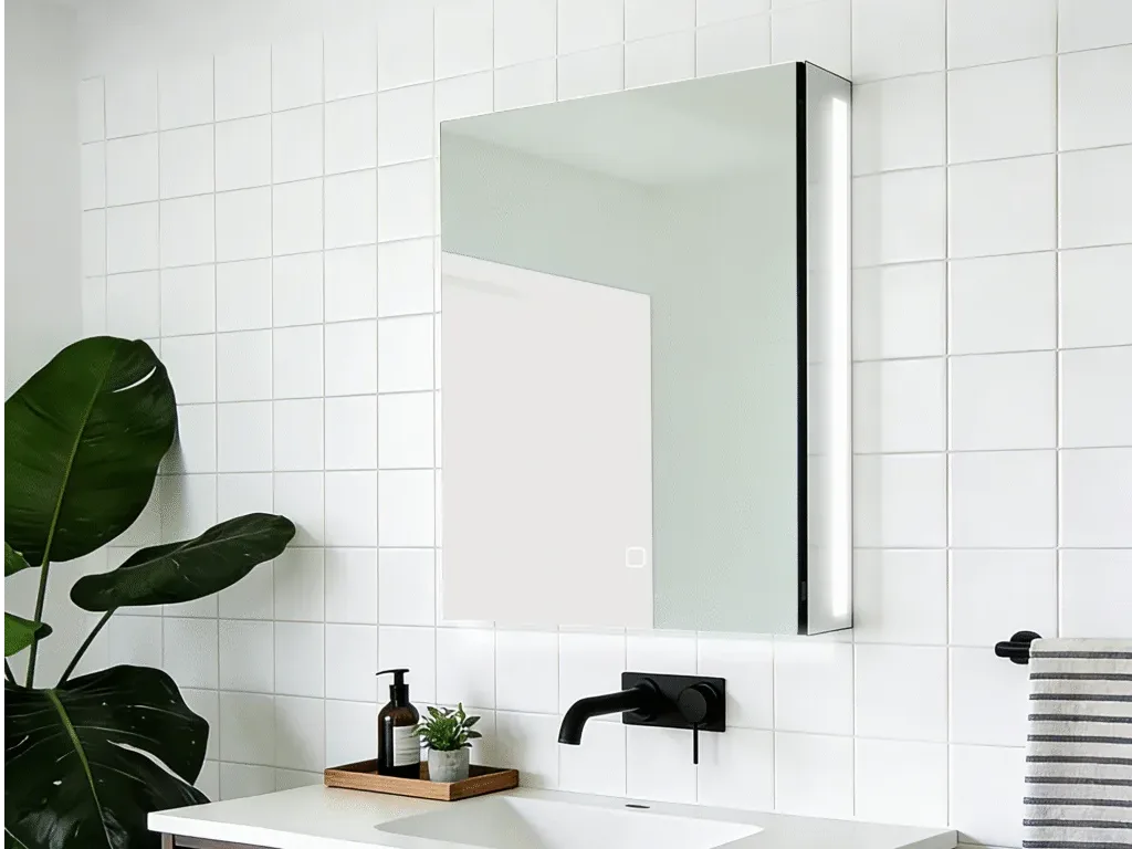 A commercial-grade mirror cabinet with lights installed in a luxury hotel bathroom, showcasing seamless integration and safety-critical tempered glass.